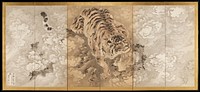 large, fierce-looking tiger with green eyes at center of screens skulking towards LR surrounded by boiling, ominous clouds. Original from the Minneapolis Institute of Art.