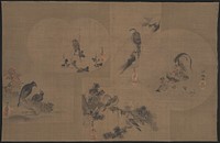 five vignettes featuring scenes of birds; from UL: small songbird with brown, white, and grey feathers perched on a thistle; hawk in profile perched on branch; hen and rooster with two chicks; three birds in pine branch; and two black birds on a shoreline with red leaves and red berries. Original from the Minneapolis Institute of Art.