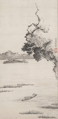 Portion of overhanging cliff with gnarled trees and foliage at LRQ; small boat with passengers lower center; low mountains and island at L. Original from the Minneapolis Institute of Art.