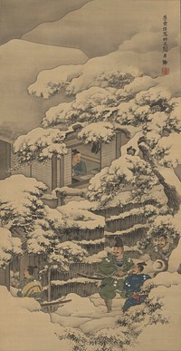 male figure seated at desk in front of window looking outside; man's PR eye is shut or missing; snow-covered trees and fence outside; three samurai gathered outside behind fence, outside of view; fourth figure in yellow enters gate at L. Original from the Minneapolis Institute of Art.