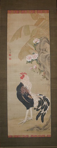 black, peach, and white colored rooster struts under curving rock formation; several roses blossom from rock formation; large leaves arch over top from UR; small inscription UL edge. Original from the Minneapolis Institute of Art.