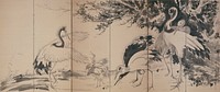 Six panel screen, right screen; adult crane at L stands with wings spread facing two baby cranes who look up with beaks open and wings spread; a third baby crane pecks at the ground at center; two cranes, one black, one white peck at the ground at center; at right, two more cranes stand among an area of foliage; hints of landscape/seascape in background. Original from the Minneapolis Institute of Art.