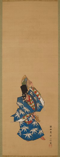 right scroll: figure wearing black face mask in pose with legs slightly apart, PR arm held out and down with bells in PR hand; PL arm bent upward behind figure holding decorated fan; figure wears blue kimono and tall black hat. Original from the Minneapolis Institute of Art.