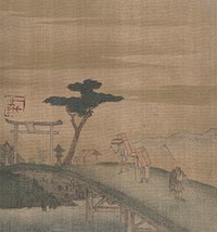 travelers crossing low, grass covered bridge: male figure in black with banner over shoulder walking to LR; two men carrying large rectangular back packs walking in opposite direction near center; stone torii gate, stone lanterns, and tree at foot of bridge; mountains at R. Original from the Minneapolis Institute of Art.