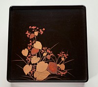 Black lacquer tray with design of pink flowers with heart-shaped leaves. Original from the Minneapolis Institute of Art.