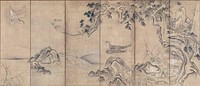 R screen: large tree at R with branches and foliage extending over several panels; cluster of squared rocks at R; lotus blossoms and leaves at R; hawk perched on stone near center; another hawk at UL about to dive downward. Original from the Minneapolis Institute of Art.