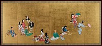 Six-panel folding screen; several groups of figures against gold leaf background; casually clad man sits next to a fabric-wrapped bundle on L; a cluster of five figures follows, two standing girls and a young man leaning in an "S"-curve on his katana; seated in front of this group is a woman and a man; in foreground are two seated figures, one woman with her dog and a girl with her back turned; blind musician playing shamisen, with broken string held with lips; on far R a group of three dancing figures, two women and a man. Original from the Minneapolis Institute of Art.