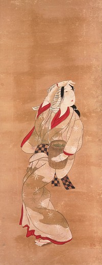 Woman standing in curved posture with PR hand held up to forehead; cradles tea basket slung over shoulder under PL arm; basket is full of green leaves; blue and white striped kerchief over head. Original from the Minneapolis Institute of Art.