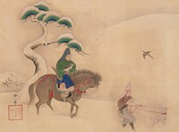 Man on horse at L with falcon perched on PR wrist; horse is trudging through snow with head held down; man at R holding red leash attached to white dog; snow-covered tree at L; bird in flight at UR; a few snowflakes near center and L. Original from the Minneapolis Institute of Art.