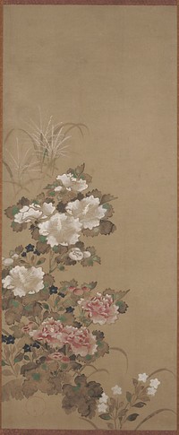 Large white and pink flowers blooming amid foliage and smaller, dark blue flowers; tall grasses with white fronds stick out above at L; smaller white flowers at bottom. Original from the Minneapolis Institute of Art.