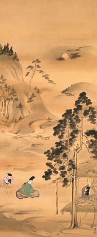 Male figure inside hut at R playing lute with eyes shut; two figures a L observing: figure in green is seated, facing hut with head slightly bowed; smaller figure crouches, crossing hands over knee; landscape in background with rolling mountains, a waterfall, trees, moon URQ. Original from the Minneapolis Institute of Art.