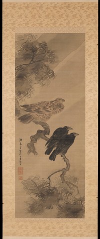 Two black birds sitting next to each other on lower part of branch; larger grey and light pink speckled bird sitting above them on branch; willow tree in back at top L. Original from the Minneapolis Institute of Art.