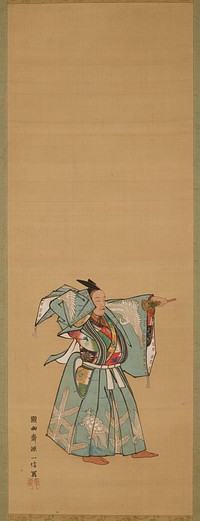 left scroll: male figure taking small step forward, holding PL arm straight out, grasping closed fan; PR hand below head; wearing pale blue robe with seaweed, turtle, and crane design; bright inner robe; tall black hat. Original from the Minneapolis Institute of Art.