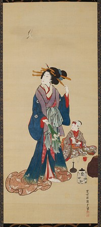 Female figure standing at center, gazing upward toward small bird at UL; PL hand toying with comb in hair; PR hand holding bouquet of white irises; child attendant kneeling at her PL wiping tea bowl; various tea accessories at R. Original from the Minneapolis Institute of Art.