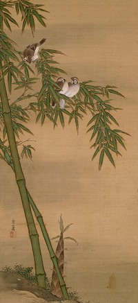 Two bamboo stalks rising along L; cone-shaped bamboo shoot growing between the two stalks at LL; three sparrows sit within the bamboo foliage. Original from the Minneapolis Institute of Art.