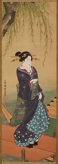 3/4 view of woman standing on a dock facing R, gathering skirts in PR hand; resting PL hand on bundle of papers tucked into front of obi; mouth partially open; willow tree branch frames scene at top; boat visible at LR; dark blue kimono with lighter blue duck motif trim. Original from the Minneapolis Institute of Art.