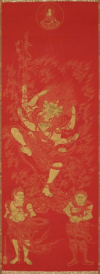 In center, 3 headed 8 armed figure with head of fire motions; figure entangled in flames, waves, snakes; two warriors stand guard in LL and LR corners; top center, Buddha in a bubble with blessing gesture. Original from the Minneapolis Institute of Art.