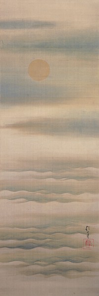 Golden moon in ULQ amid misty blue clouds; rows of rippling waves in lower half. Original from the Minneapolis Institute of Art.