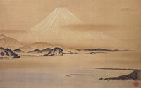 Tall mountain peak in background center (Mt. Fuji), in almost white color; lower mountains and rocks in middle ground with water; some with trees; bay with a couple of boats; tree covered land; middle and foreground separated by water. Original from the Minneapolis Institute of Art.