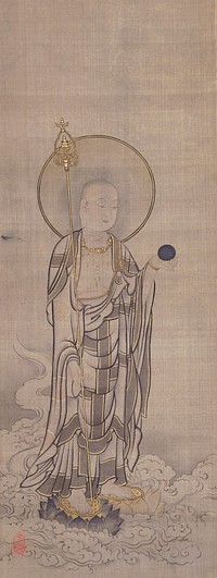 Robed figure standing in center with large halo behind head, holding golden staff in PR hand and round black object in PL hand; figure stands on lotus riding on swirling clouds or waves. Original from the Minneapolis Institute of Art.