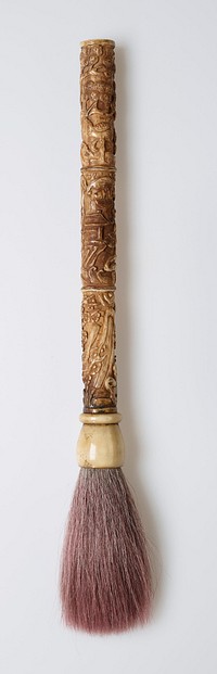 handle has three separate sections attached together; top section with crane in pine trees; middle section with building, lotus, bamboo, bat and fungi; bottom section with pair of magpies in a flowering tree; tip end of handle carved with character; grey-white hair tinted slightly pink from use. Original from the Minneapolis Institute of Art.