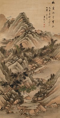 mountainous landscape in green and tan; buildings nestled in trees; seated figure in LLQ; bridge right of center over calm water; inscription in URQ with two red seals. Original from the Minneapolis Institute of Art.