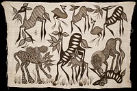 12 strips of loosely-woven cream-colored cloth sewn together; painted design in brown: foliage, deer, birds, elephant and lion devouring a deer; all animals have various decorative patterning on their bodies. Original from the Minneapolis Institute of Art.