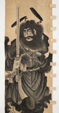 Very large image of Shoki in black robes and black boots holding very tall straight sword in PR hand; very full, windblown beard and hair, fierce face, bushy eyebrows. Original from the Minneapolis Institute of Art.