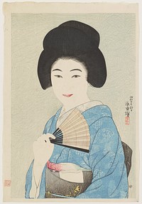 Bust portrait of young woman wearing a blue kimono and black obi with yellow flowers, holding a striped fan. Original from the Minneapolis Institute of Art.