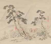 Landscape with procession of anthropomorphized foxes walking on hind legs including foxes seated in a grey and red sedan chair; two tall trees and grasses in foreground partially cover processional; muted colors; ivory roller ends. Original from the Minneapolis Institute of Art.