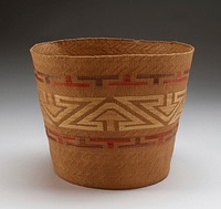 soft, flexible basket; concave bottom; slightly outward-flaring sides; tan; decorated with central band with repeating arrow and Z shapes in light tan flanked by bands with red and brown T's. Original from the Minneapolis Institute of Art.