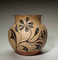 concave bottom; rounded body; wide, outward-flaring mouth; cream-colored ground; reddish-brown interior and bottom edge; black designs of two flower sprays on body. Original from the Minneapolis Institute of Art.