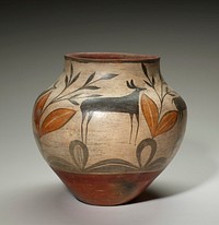 concave underside; rounded body; wide mouth; orange and red bands at bottom; cream colored body with black stylized deer and orange and black foliage; red interior. Original from the Minneapolis Institute of Art.