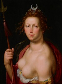 portrait of Diana with light brown curly hair in an updo with some loose curls in front, wearing a gold and silver headdress, earrings with clear drops and an armlet with a large green gem and pearls; figure is bare-breasted and wears a pinkish-red garment and holds a spear on a staff with a pinkish-red tassel. Original from the Minneapolis Institute of Art.