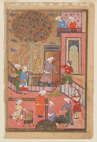 First miniature bought. This is one side of a double composition on two leaves. At the opening of the manuscript this page was detached. The other side, which is now missing, probably showed a King or Prince on an informal throne or on a carpet in front of a little pavilion, or under some kind of canopy. This is a very famous composition inaugurated by the celebrated Bihzad in his most famous manuscript, the Bustan of 1488 in the Royal Egyptian Library at Cairo. This shows the fenced-in terrace at the edge of a royal garden, the guard at the gate brandishing a stick against an intruder, and servants either preparing drinks or bringing fruits and other delectables on platters. ' If you look at this Bihzad double miniature ( as Illustrated in L. Binyan, I.V.S. Wilkinson & Gray - Persian Miniatures- Painting Plate LXVIII) you will notice that both the Cairo prototype and your miniature show the fenced- in terrace at the edge of a royal garden, etc. Your miniature shows style of early 17th century. 'Illuminated star on back, inscription probably title or name of King for whom this manuscript written... It is nice to have miniature which is linked to one of greatest Persian painters who was admired from the period in which he lived to the present time.' R.E.. Original from the Minneapolis Institute of Art.