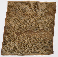 Tan clothwith P and L-shaped designs in dark fiber; zigzags and diamonds at one end; area of darker pile near center. Original from the Minneapolis Institute of Art.