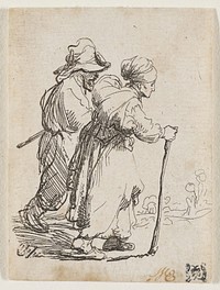 Rembrandt van Rijn's man in background and woman in foreground walking toward the right edge of the picture plane; woman holding a walking stick; loose drawing of foliage in background in front of figures; matted and in frame with four other prints. Original from the Minneapolis Institute of Art.