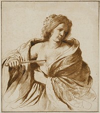 woman in 3/4 view with the front of her robe open and a dagger in her right hand pressed to her bare chest, looking away toward the right side of the picture plane. Original from the Minneapolis Institute of Art.