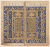 Double frontispiece from a 'Kolliat' manuscript originally written by the Persian poet, Sa'di; decoration consists of a wide floral arabesque framing the central rectangular unit, which is, in turn, divided into three fields by braided and floral bands. Original from the Minneapolis Institute of Art.