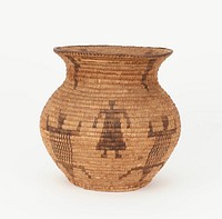 jar-shaped basket; flat bottom; sides flare outwards and inwards forming slight shoulder; short wide neck; outward-flaring rim; medium brown with dark brown decoration of figures alternating with turtles on body; wave-like wedges on mouth and shoulder. Original from the Minneapolis Institute of Art.