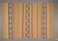 light and medium tan, light brown, white, grey, pink and rust red; plan stripes of various widths and colors; three patterned grey stripes--two with stepped white diamonds surrounding brown diamonds with two white triangle at center, one stripe with pink bowtie shapes. Original from the Minneapolis Institute of Art.