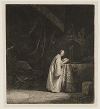 profile of a priest illuminated by two candles; writing in a book, leaning on cloth covered desk; trees, and large, draping curtains in background. Original from the Minneapolis Institute of Art.