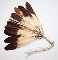 fan made of cluster of brown and white eagle feathers, all except one with beaded tubes around feather quills; handle of fan beaded; white twisted leather fringe at end of handle with some short dangles with metal beads and teardrop shaped pendants; beadwork is predominately pink and light blue with zigzag and diamond motifs; some fragments of red and green small feathers at base of eagle feather quills. Original from the Minneapolis Institute of Art.