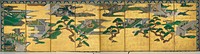 Nine separate scenes from the Tale of Genji arranged between golden clouds and gnarled pine trees; many scenes take place indoors between couples and women, with a few out of doors scenes. Original from the Minneapolis Institute of Art.