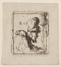 profile of male figure facing R with high hat and rough beard; rat perched on his PR shoulder. Original from the Minneapolis Institute of Art.