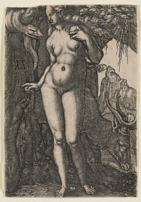 nude Eve holding a piece of fruit near PL shoulder; looking toward a snake in ULC; grazing stag in back. Original from the Minneapolis Institute of Art.