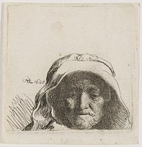 Rembrandt van Rijn's head of elderly woman with large white headdress covering hair and ears; pensively looking downward; portion at L seems to be darker compared to grayish tone of other inking. Original from the Minneapolis Institute of Art.