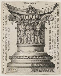 Corinthian column with heavy leaf ornamentation and scrolling motif at top; cluster of grapes in column's upper center; inscriptions on sides. Original from the Minneapolis Institute of Art.