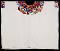 One-panel huipil of white cotton commercial fabric; round-cut neck opening; hand-sewn hem at lower edge. Yellow, rayed sun embroidery circles neck opening; burgundy embroidered area 3 1/2" wide provides background for upper half of pattern; highly abstracted animal and bird figures embroidered with hombre floss in non-realistic colors encircle the sun border. Figures include peacocks, quetzal, owl?, misc. mythological birds; rabbits, fox?, cat? other highly stylized animals, real and imagined.. Original from the Minneapolis Institute of Art.