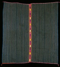 blue/white warp-faced cotton stripe with silk embroidered band vertically through center (purple, yellow, pink). Original from the Minneapolis Institute of Art.